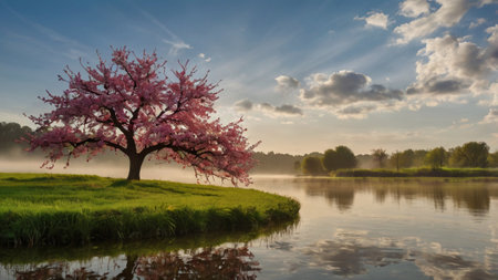 Beautiful spring landscape with a blossoming tree on the river bankの写真素材