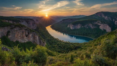 Sunset over the lake in the mountains of the Republic of Adygea