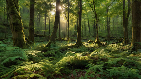 Green forest with sunbeams and ferns at sunrise.