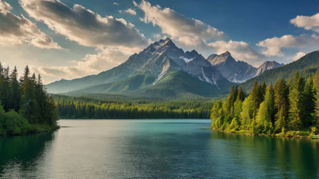 Panoramic view of mountain lake. Lake in the mountains.