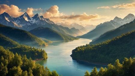 Panoramic view of the lake and mountains in the clouds.
