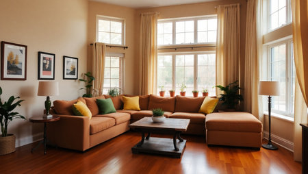 Interior of a living room with orange sofa and brown armchairsの写真素材