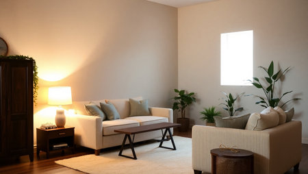 Interior of modern living room with sofa and coffee table. Nobody inside