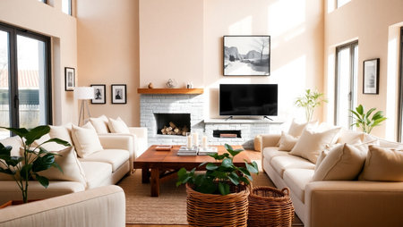 Interior of modern living room with beige sofa, fireplace and plant