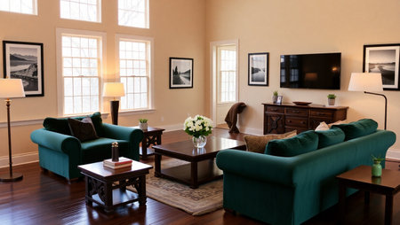 Interior of a living room with green armchairs and coffee table