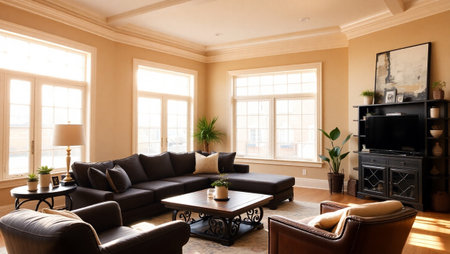 Interior of a living room with leather sofa and black armchairs