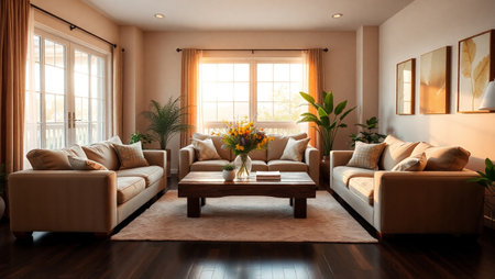 Living room interior design with brown sofa, coffee table and flowers. 3d renderの写真素材