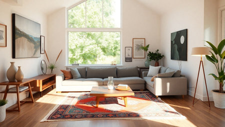 Interior of modern living room with sofa, coffee table and plants