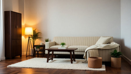 interior of modern living room with sofa, coffee table and plants
