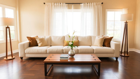Interior of modern living room with white sofa and wooden coffee tableの写真素材