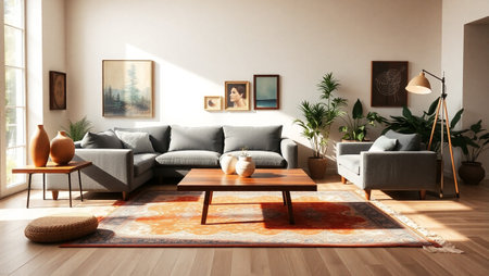 Living room interior with sofa, coffee table and pictures on wall. 3d renderの写真素材