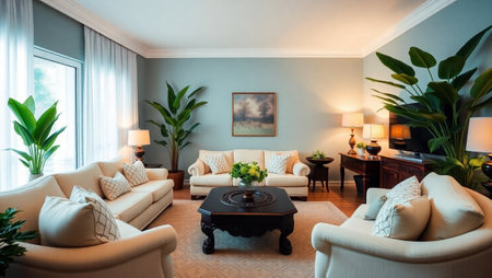 Luxury living room interior with sofa, coffee table and plantsの写真素材