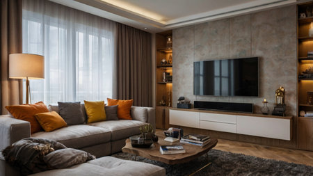 Luxury living room interior design with sofa, coffee table and bookcase