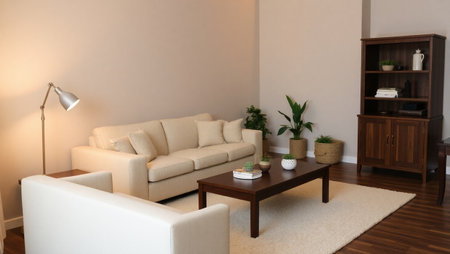 Interior of modern living room with sofa and coffee table. Nobody inside