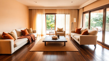 Interior of a living room with sofa, coffee table and coffee table