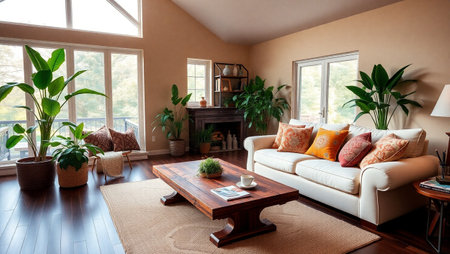 Interior of a living room with a white sofa and a coffee table