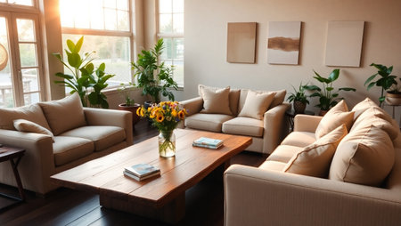 Interior of modern living room with sofa, coffee table and plantsの写真素材