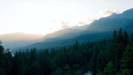 Sunset in the mountains with coniferous forest in the foregroundの写真素材