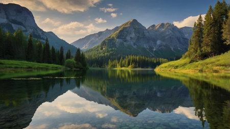 Panoramic view of alpine lake with reflection in water.の写真素材