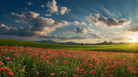 Field of poppies and blue sky with clouds at sunset.