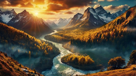 Fantastic view of the mountain river. Dramatic scene. Artistic style. Beauty world.の写真素材