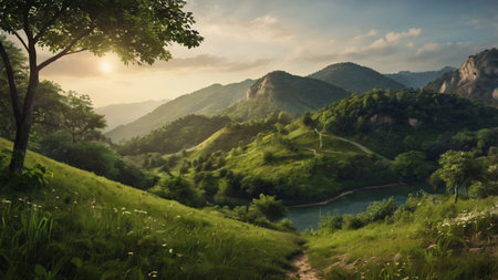 Mountain landscape at sunset. Panoramic view of green hills and lakeの写真素材