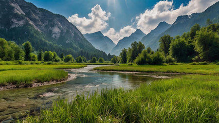 Panoramic view of the mountain river in the Alps.の写真素材