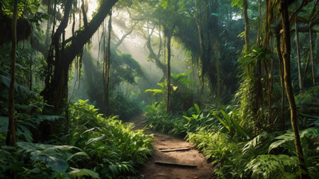 Hiking trail in deep tropical rainforest with fog and sunbeams