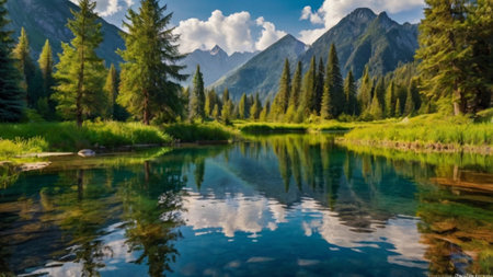Panoramic view of the mountain lake with coniferous forest and reflection in waterの写真素材