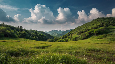 Panoramic view of the mountain range and meadows in summer