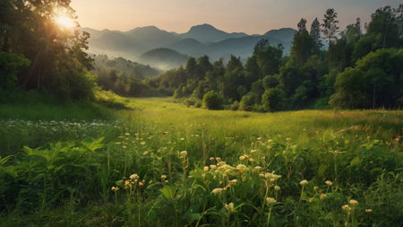 Beautiful sunrise in the morning at the meadow with mountain background