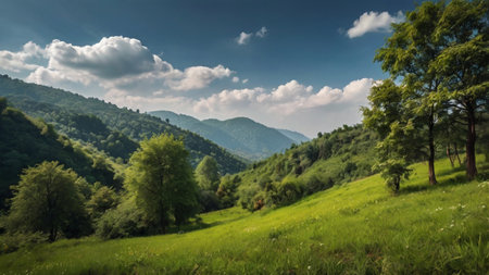 Panoramic view of green meadow and forest in mountains.