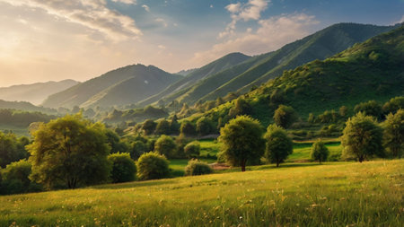Meadow with green grass and trees in the mountains at sunsetの写真素材