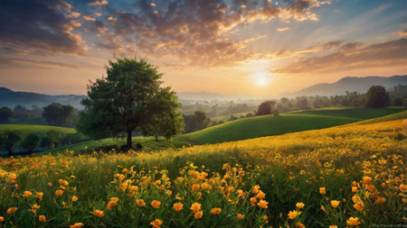 Sunset over a meadow full of yellow buttercups.