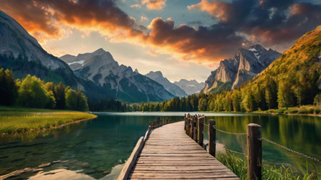 Wooden pier on the lake. Sunset in Dolomites, Italy
