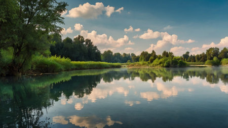 Beautiful summer landscape with river and clouds in the sky. Panoramaの写真素材