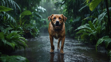 Labrador retriever dog running through the rain in tropical rainforestの写真素材