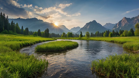 Panoramic view of alpine meadows and mountain river at sunsetの写真素材