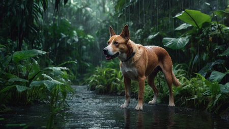 dog standing in the rain in the rainforest with raindrops.の写真素材