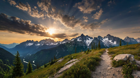 Sunset in the mountains. Panoramic view of the Alps.