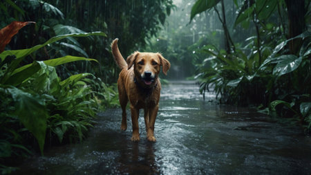 Labrador retriever running in the rain in the rainforest.の写真素材