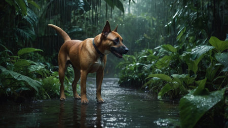 Dog standing in the rain in the rainforest.の写真素材