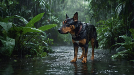 Black dog in the rain in the rainforest. Dog in the rain.の写真素材