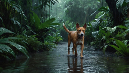 Dog standing in the rain in the rainforest. The dog is walking in the rain.の写真素材