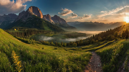 Panoramic view of the Dolomites. Sunrise over the valley in summer.