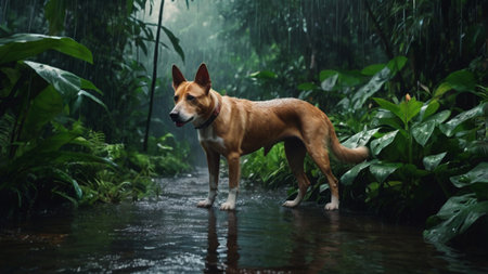 Dog standing in the rain in the rainforest. The dog is looking at the camera.の写真素材