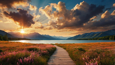 Mountain lake in the evening. Panoramic summer landscape.