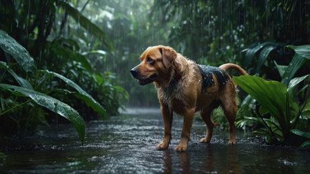 Dog standing in the rain in the rainforest.の写真素材