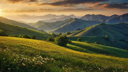 Beautiful summer landscape. Sunrise over the hillsの写真素材