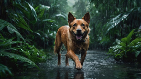 Dog running in the rain in the rainforest. Wet dog.の写真素材